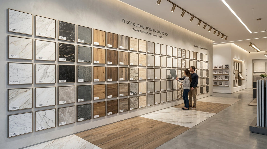 Tile and flooring showroom displaying marble, porcelain, stone and wood flooring options