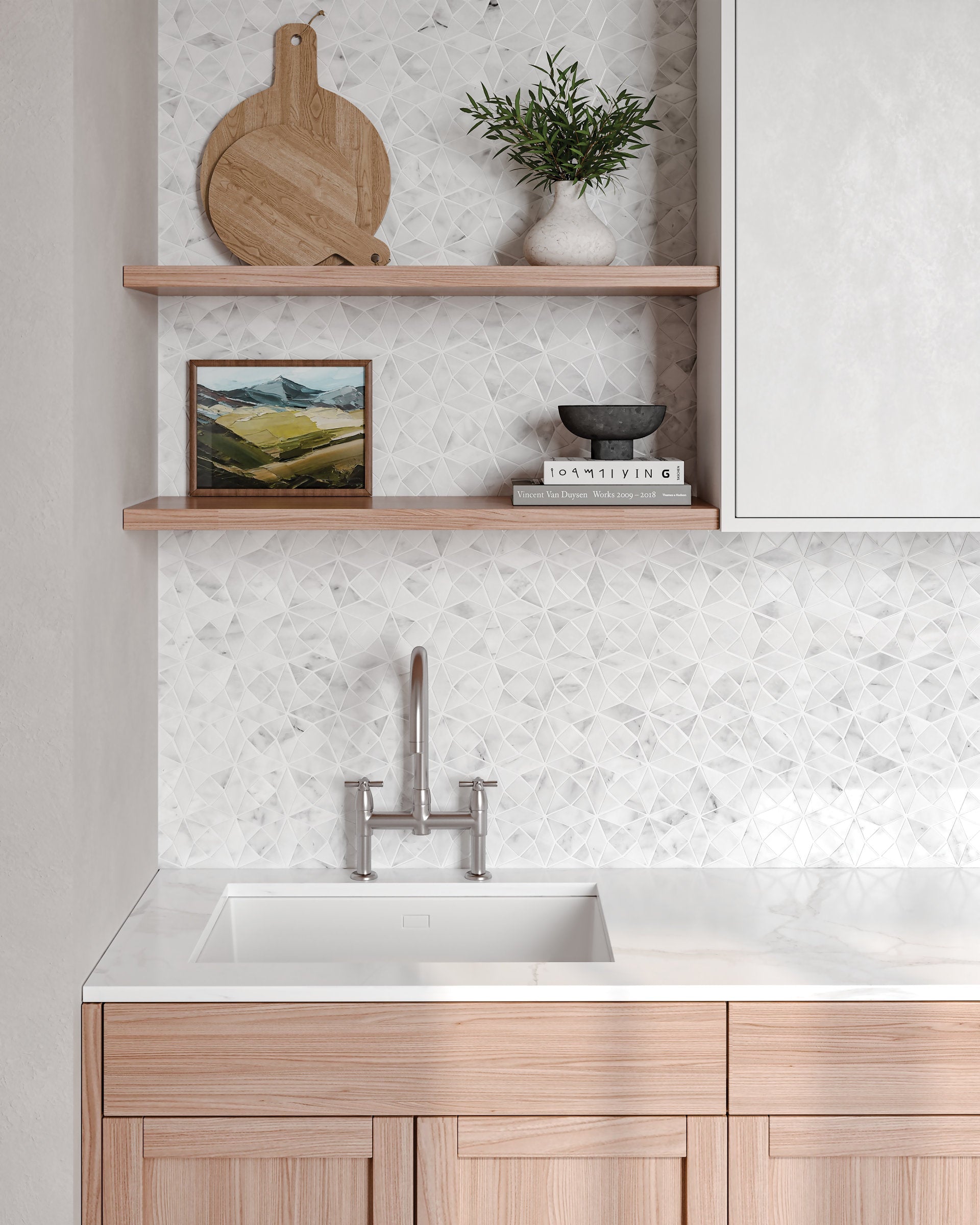 Bedrosians Monet Honed Marble Mosaic 5 Tile in Oriental White | Item Code 100001410