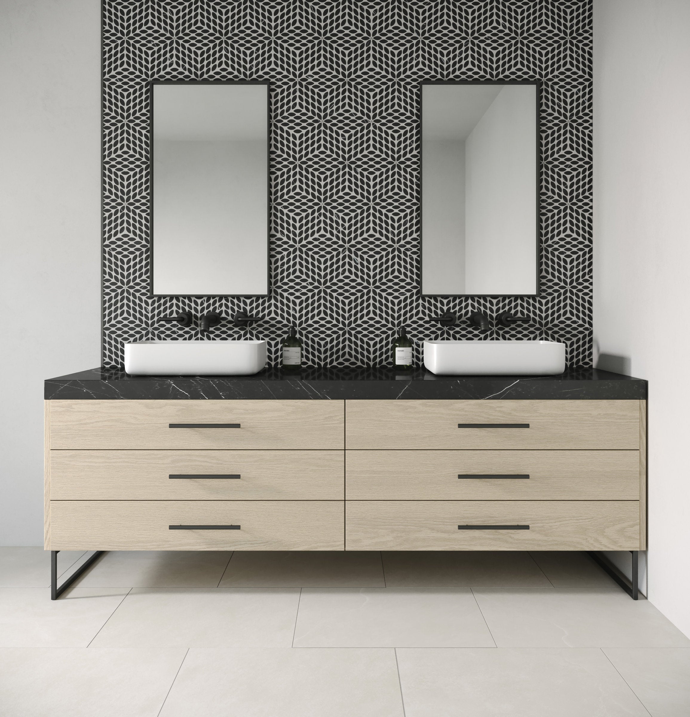 Bedrosians Celeste Honed Marble Blend Mosaic Tile in Nero Marquina & Calacatta Losanna | Item Code 100001713