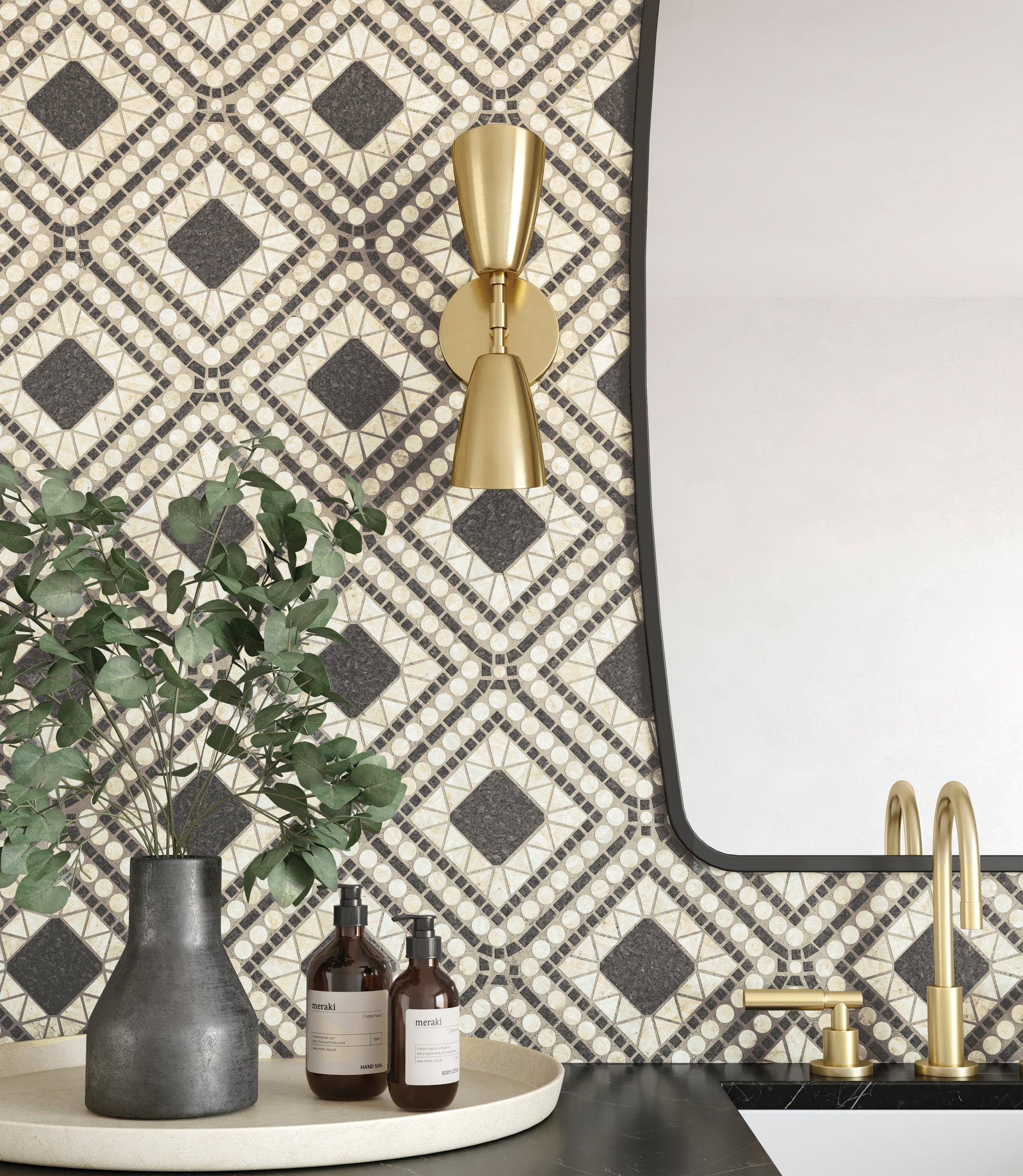 Bedrosians Atrium Honed Marble Blend Mosaic Tile in Myra Beige & Basalt | Item Code 100001723