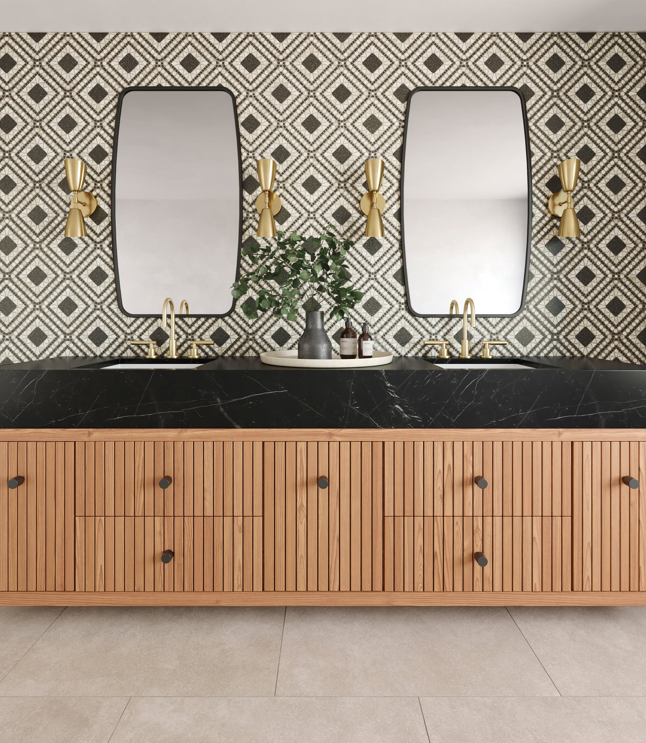 Bedrosians Atrium Honed Marble Blend Mosaic Tile in Myra Beige & Basalt | Item Code 100001723