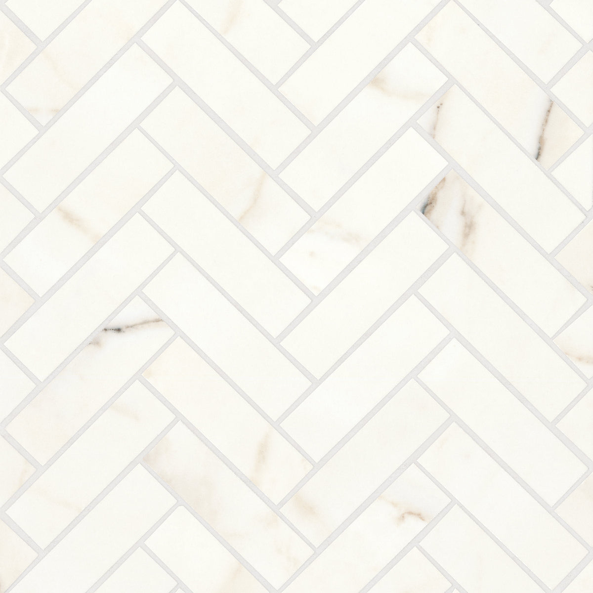 Bedrosians Magnifica Era 1" x 4" - 8mm Honed Herringbone Porcelain Mosaic Tile in Calacatta Oro | Item Code 100002295