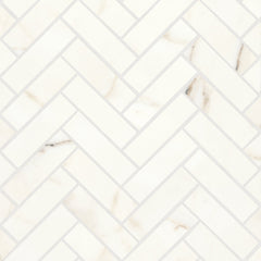 Bedrosians Magnifica Era 1" x 4" - 8mm Honed Herringbone Porcelain Mosaic Tile in Calacatta Oro | Item Code 100002295