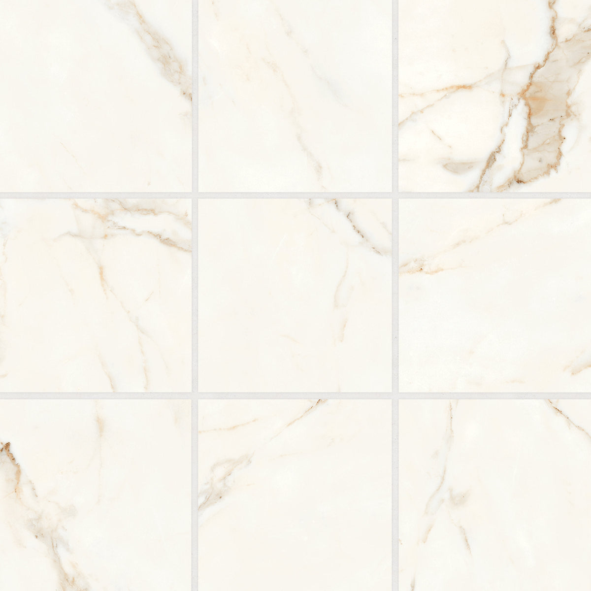 Bedrosians Magnifica Era 4" x 4" - 8mm Honed Porcelain Mosaic Tile in Calacatta Oro | Item Code 100002297