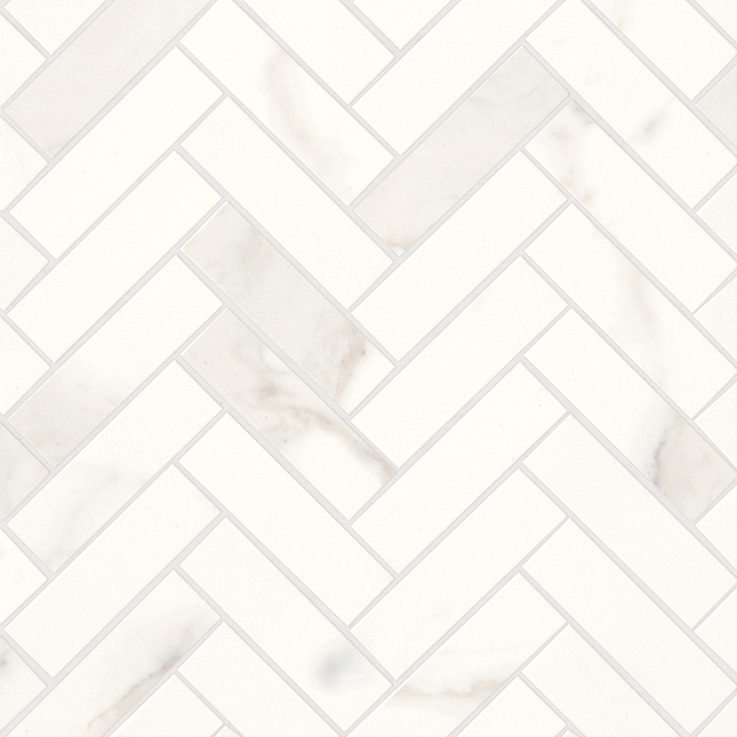 Bedrosians Magnifica Era 1" x 4" - 8mm Honed Herringbone Porcelain Mosaic Tile in Calacatta Super White | Item Code 100002305