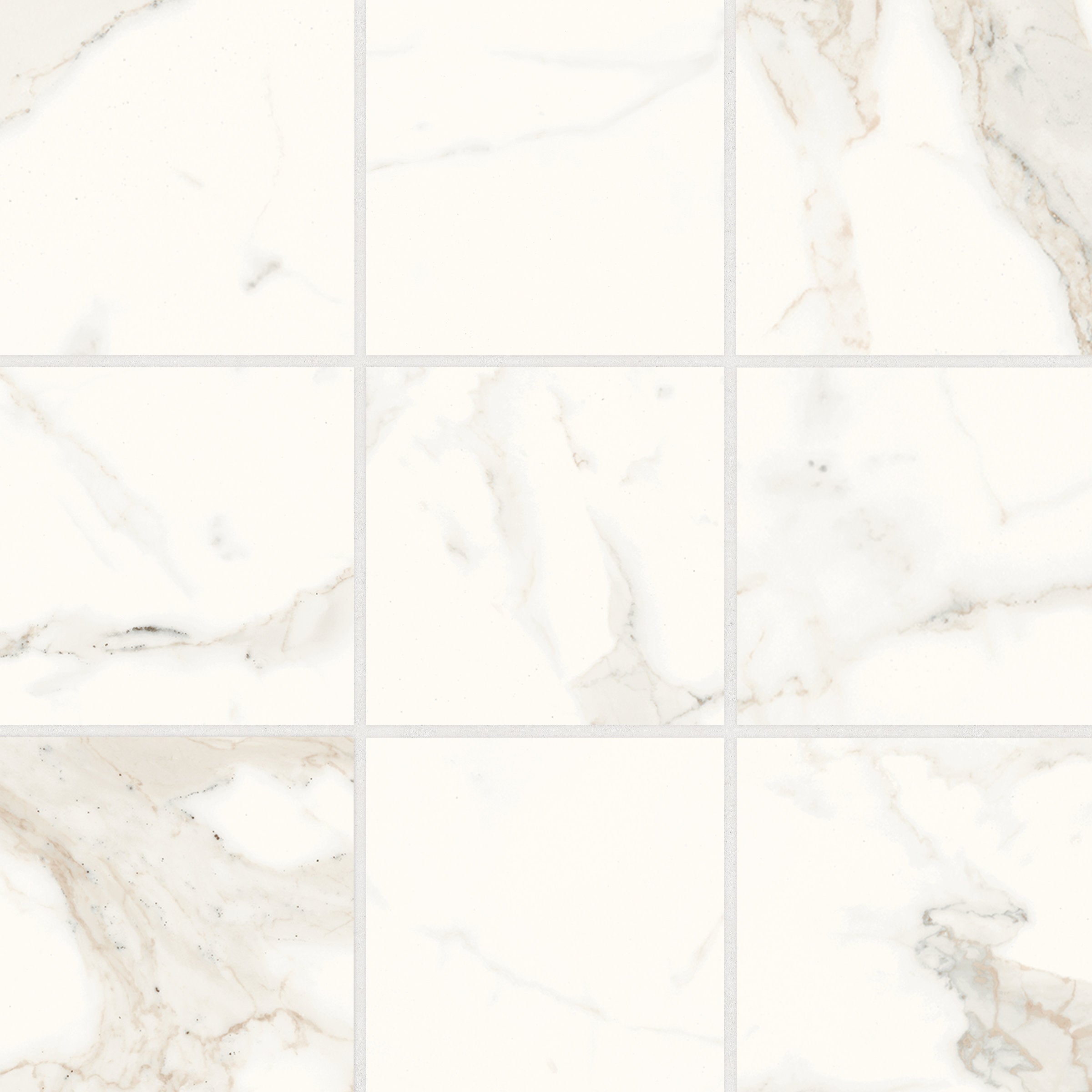 Bedrosians Magnifica Era 4" x 4" - 8mm Honed Porcelain Mosaic Tile in Calacatta Super White | Item Code 100002307