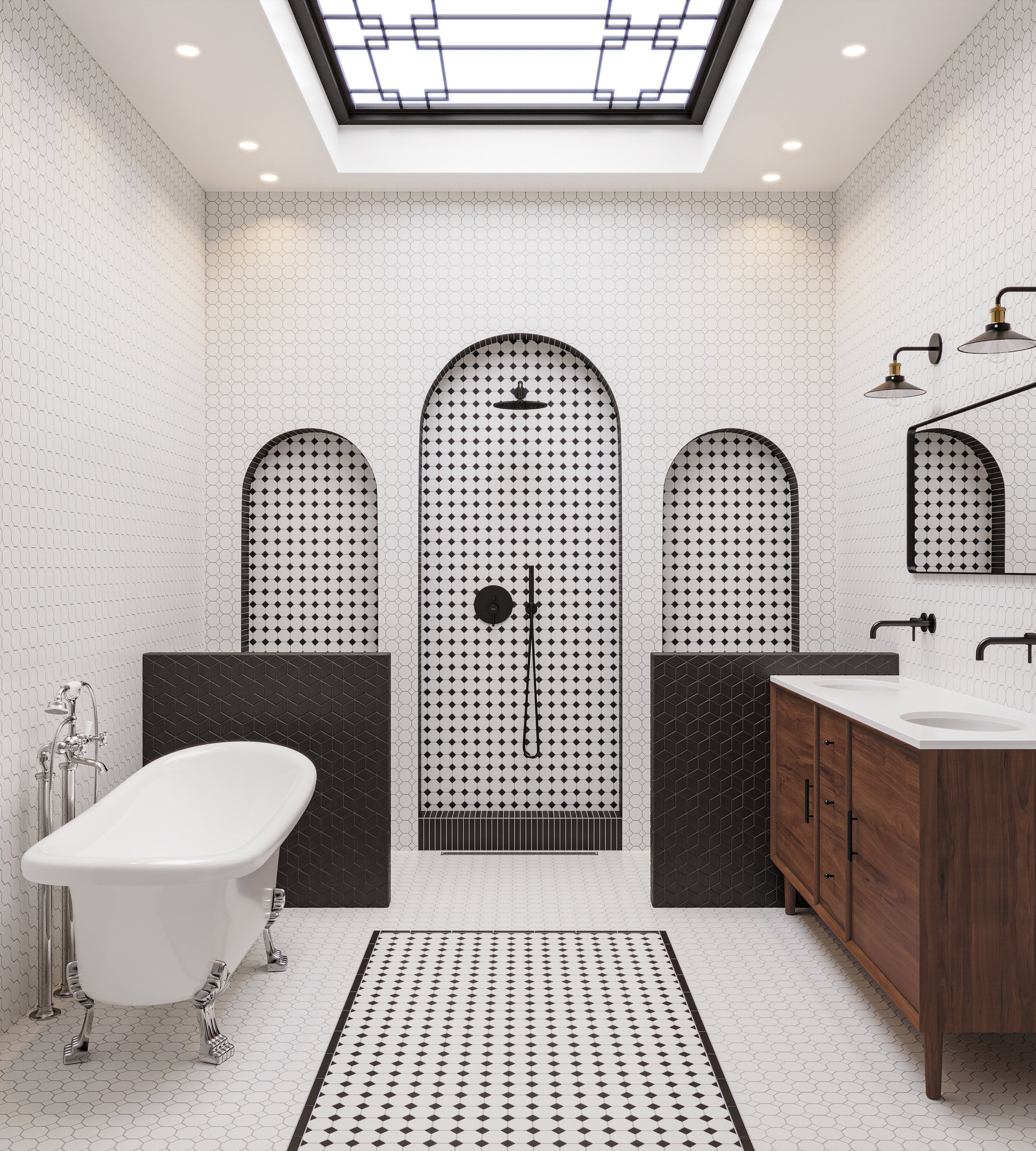 Bedrosians Le Cafe Black and White Octagon Porcelain Mosaic (2x2) - Matte Floor and Wall Mosaic Sheet | Item Code 100002421