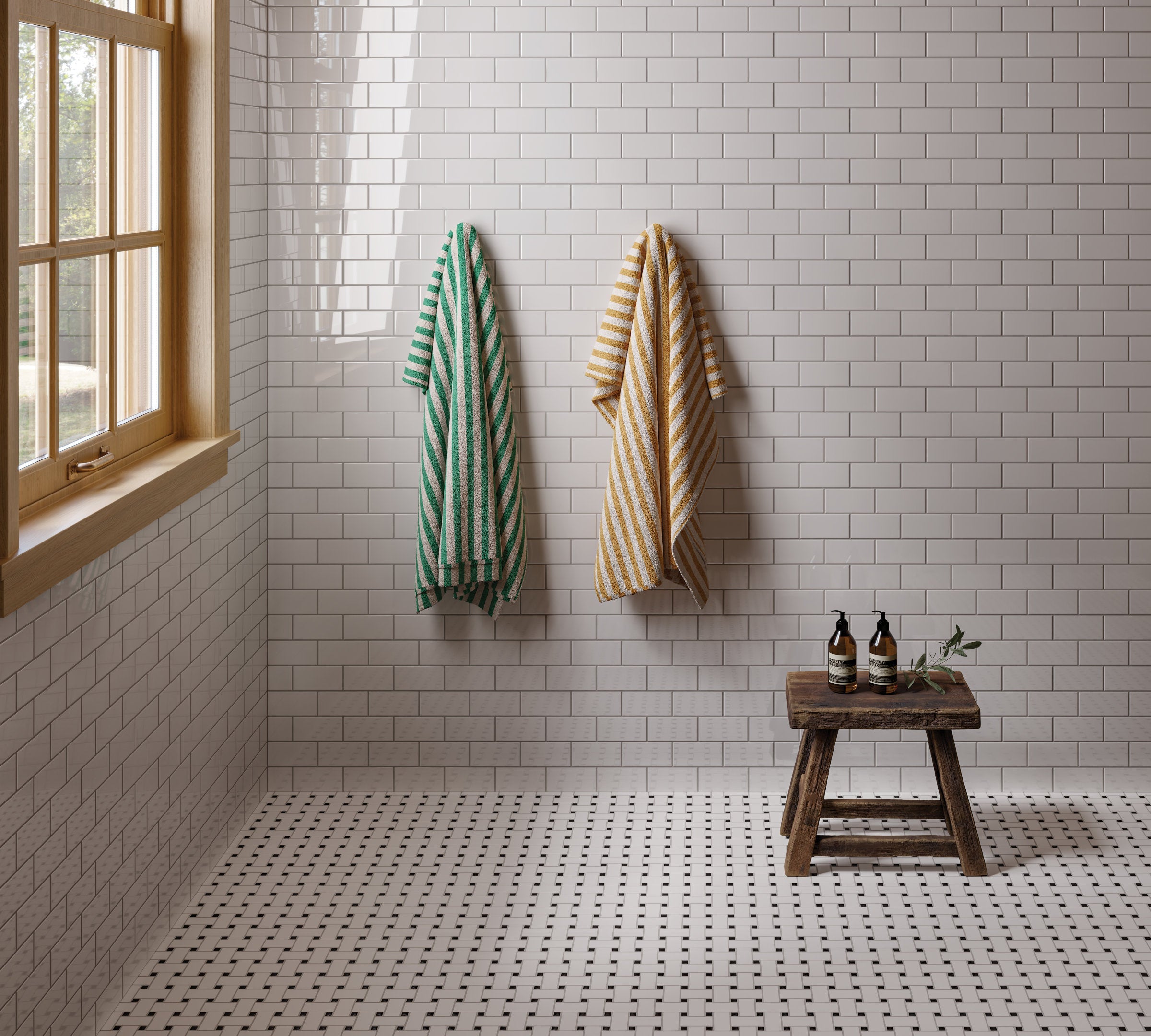Bedrosians Le Cafe 1" x 2" Basket Weave Porcelain Mosaic Tile in Matte White/Black W/Glossy Dot | Item Code 100002430