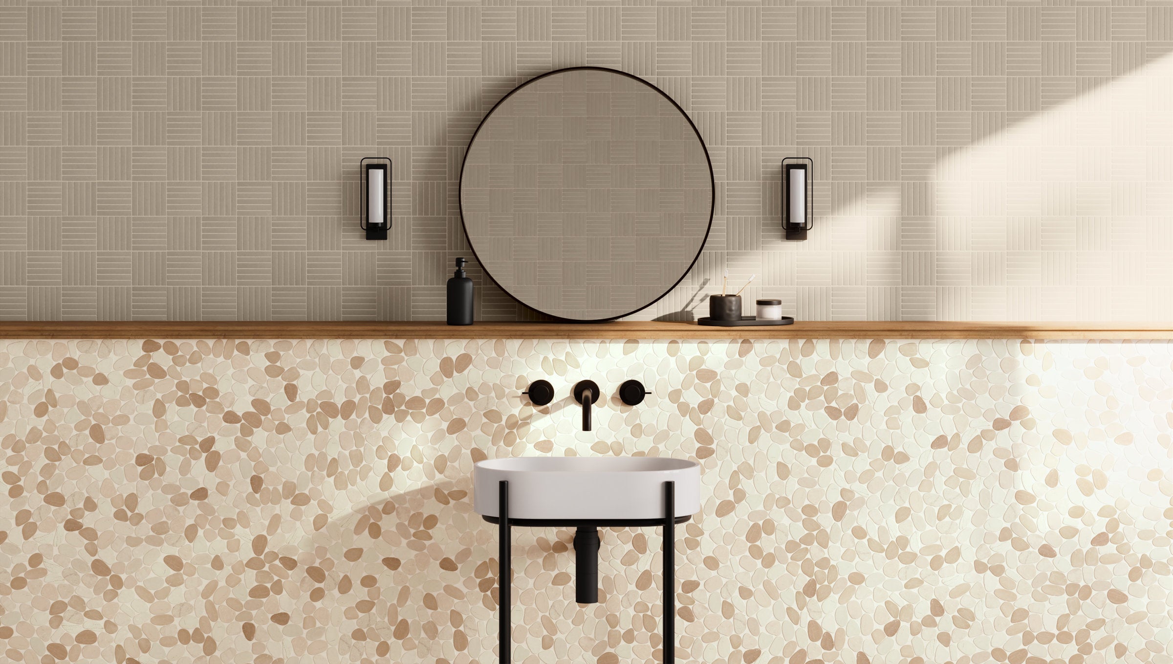 Bedrosians Waterbrook Jumbo Sliced Pebble Mosaic in White & Tan | Item Code 100003100