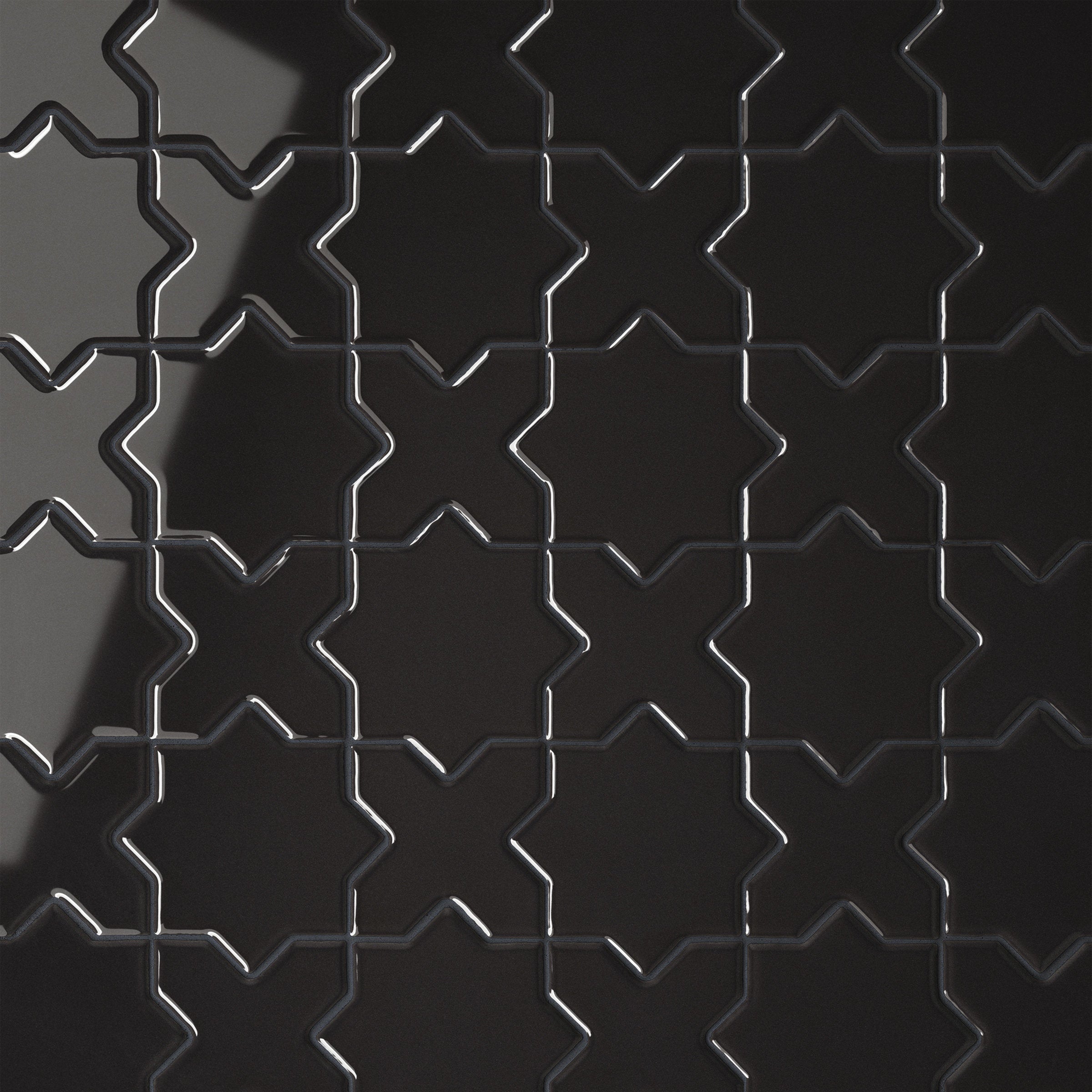 Bedrosians Le Cafe 2" x 2" Cross & Star Glossy Porcelain Mosaic Tile in Black | Item Code 100003616