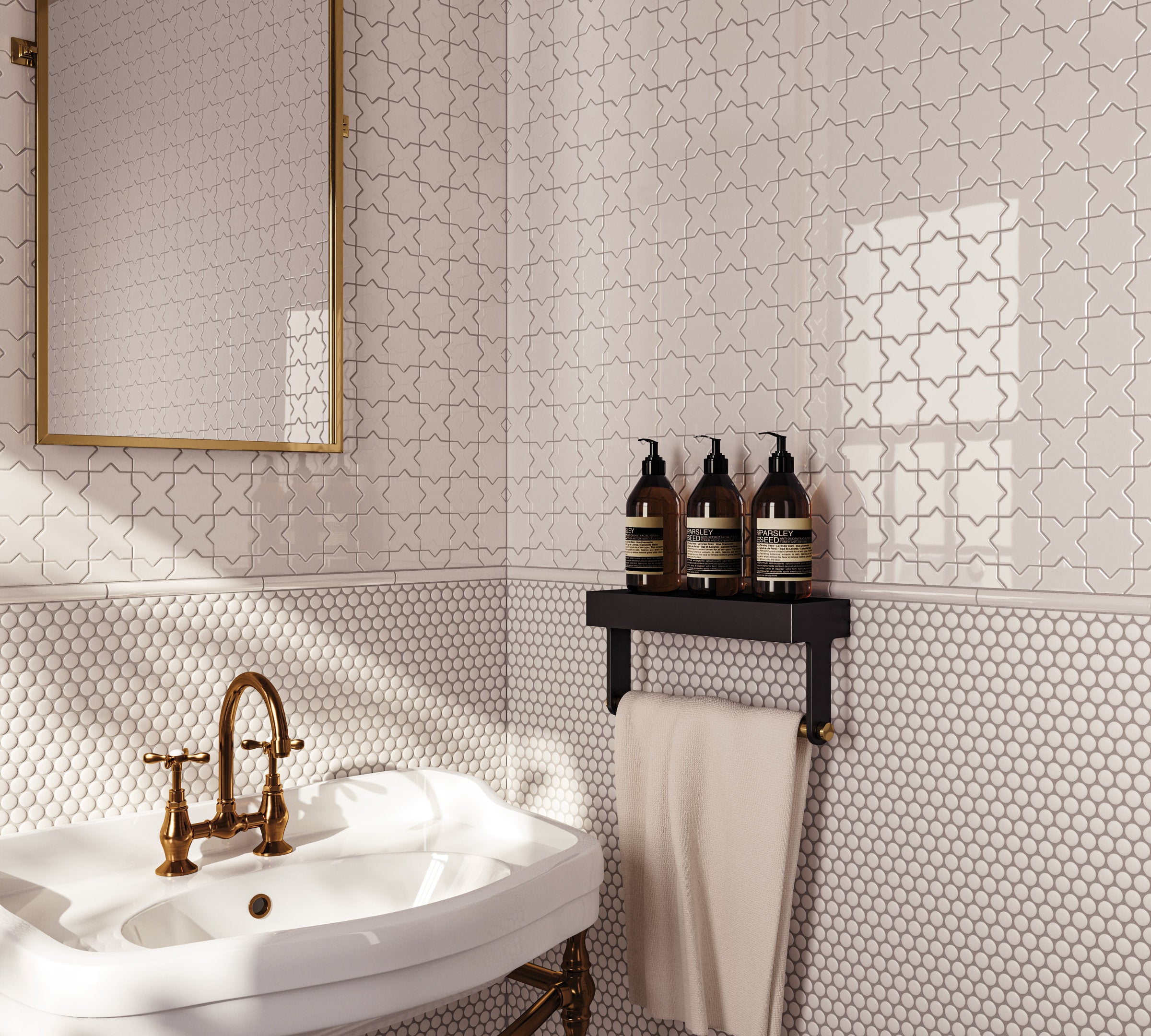 Bedrosians Le Cafe 2" x 2" Cross & Star Glossy Porcelain Mosaic Tile in White | Item Code 100003617