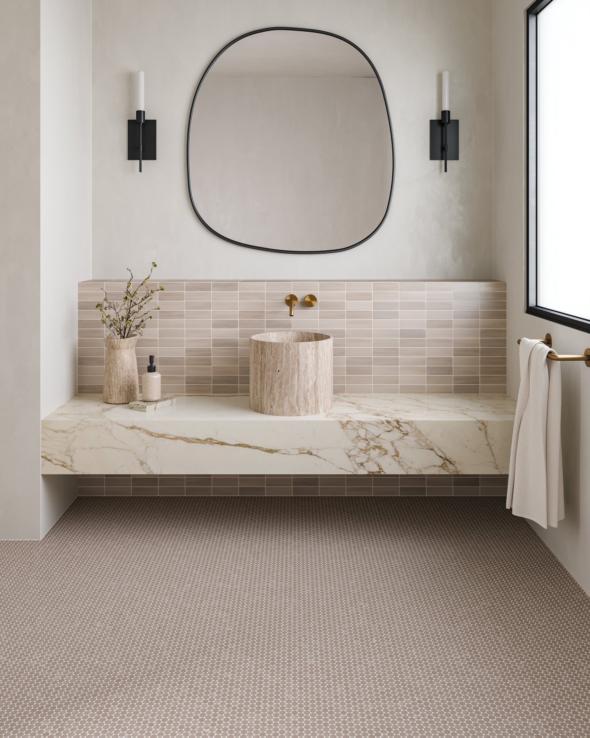 Bedrosians Marin 3/4" Penny Round Matte Porcelain Mosaic in Coastal Cliff | Item Code 100004036
