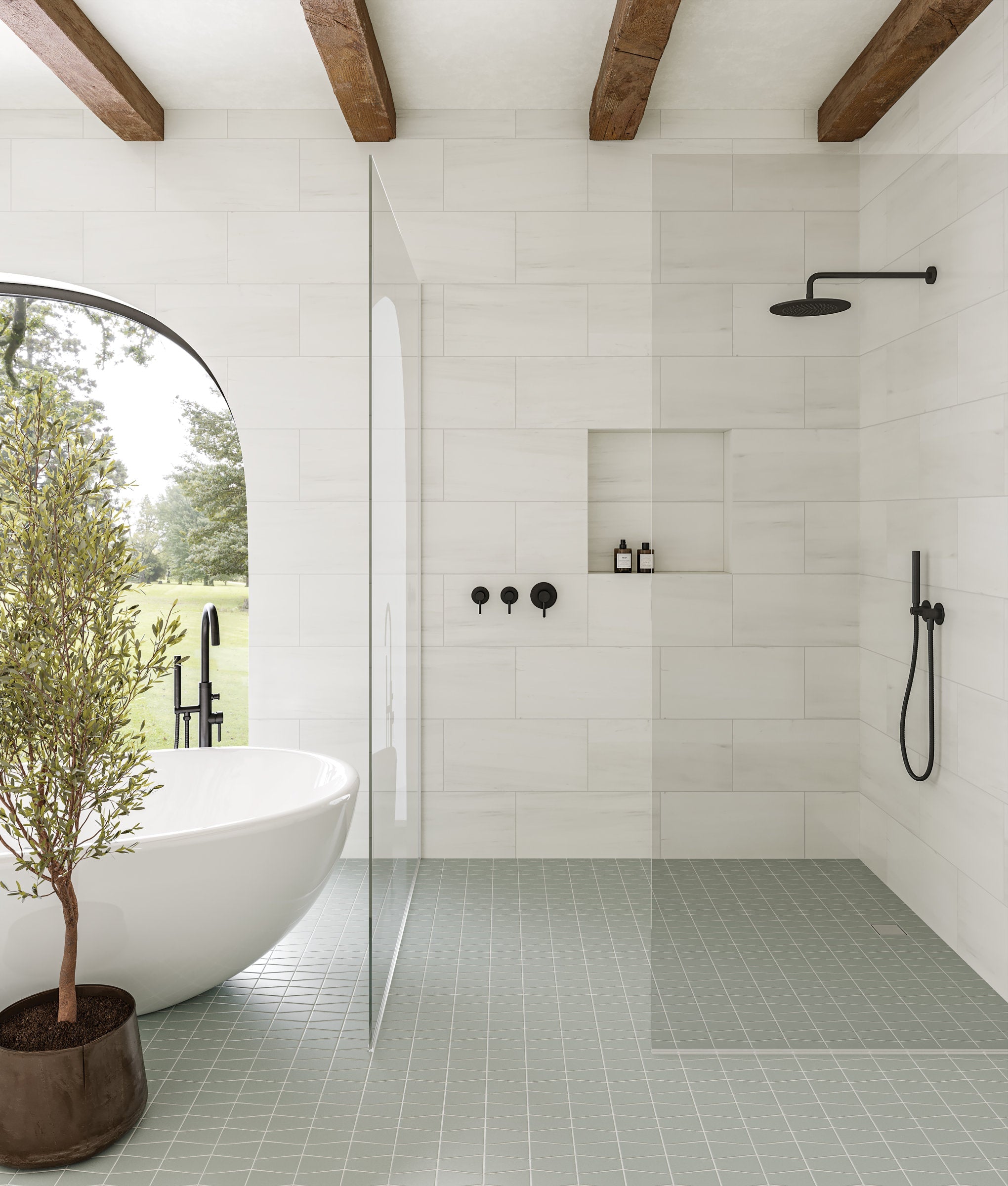 Bedrosians Marin Trapezoid Matte Porcelain Mosaic in Aloe Green | Item Code 100004044