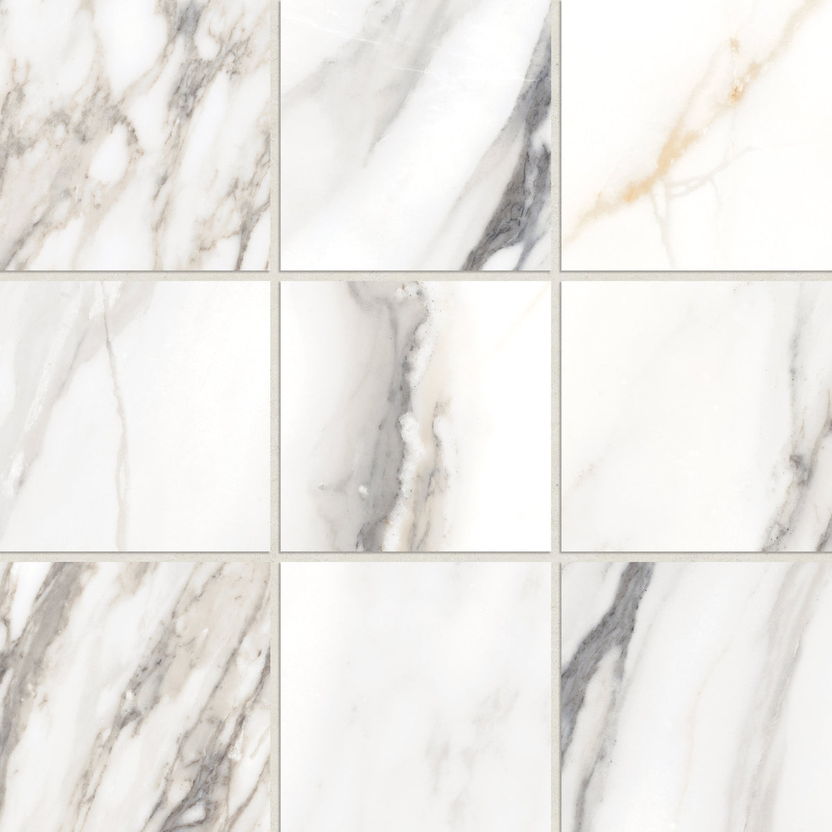 Bedrosians Prati 4" x 4" Honed Porcelain Mosaic in Calacatta Borghini Warm | Item Code 100006009