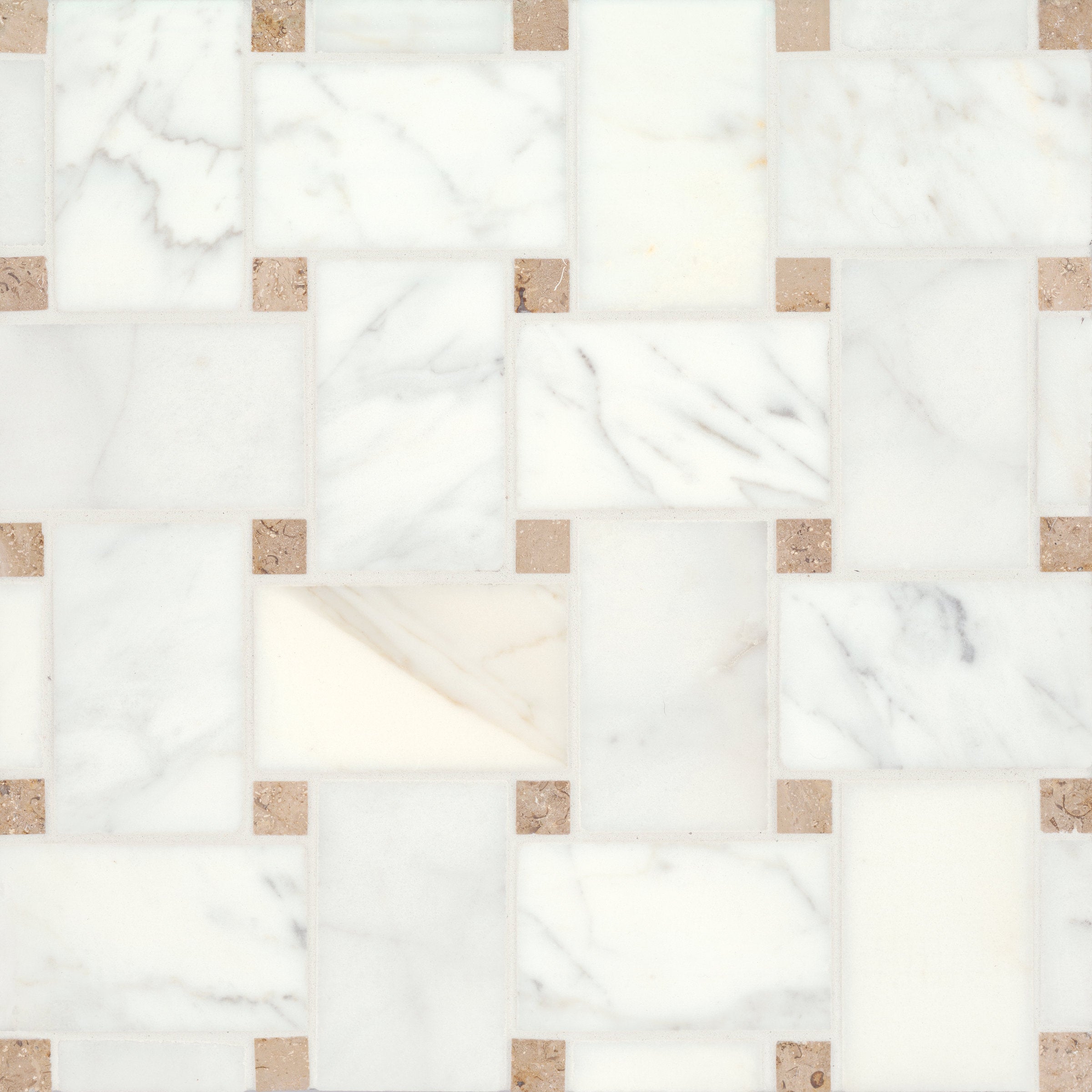 Bedrosians Jumbo Basketweave Honed Marble in Calacatta with Jura Beige Dot | Item Code 100007365