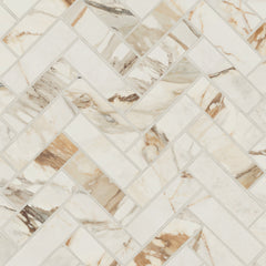 Bedrosians Magnifica Era 1" x 4" - 8mm Satin Porcelain Herringbone Mosaic Tile in Calacatta Borghini | Item Code 100007456