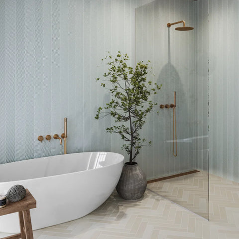 Kaikos Skinny Chevron Glass Mosaic in Blue - bathroom