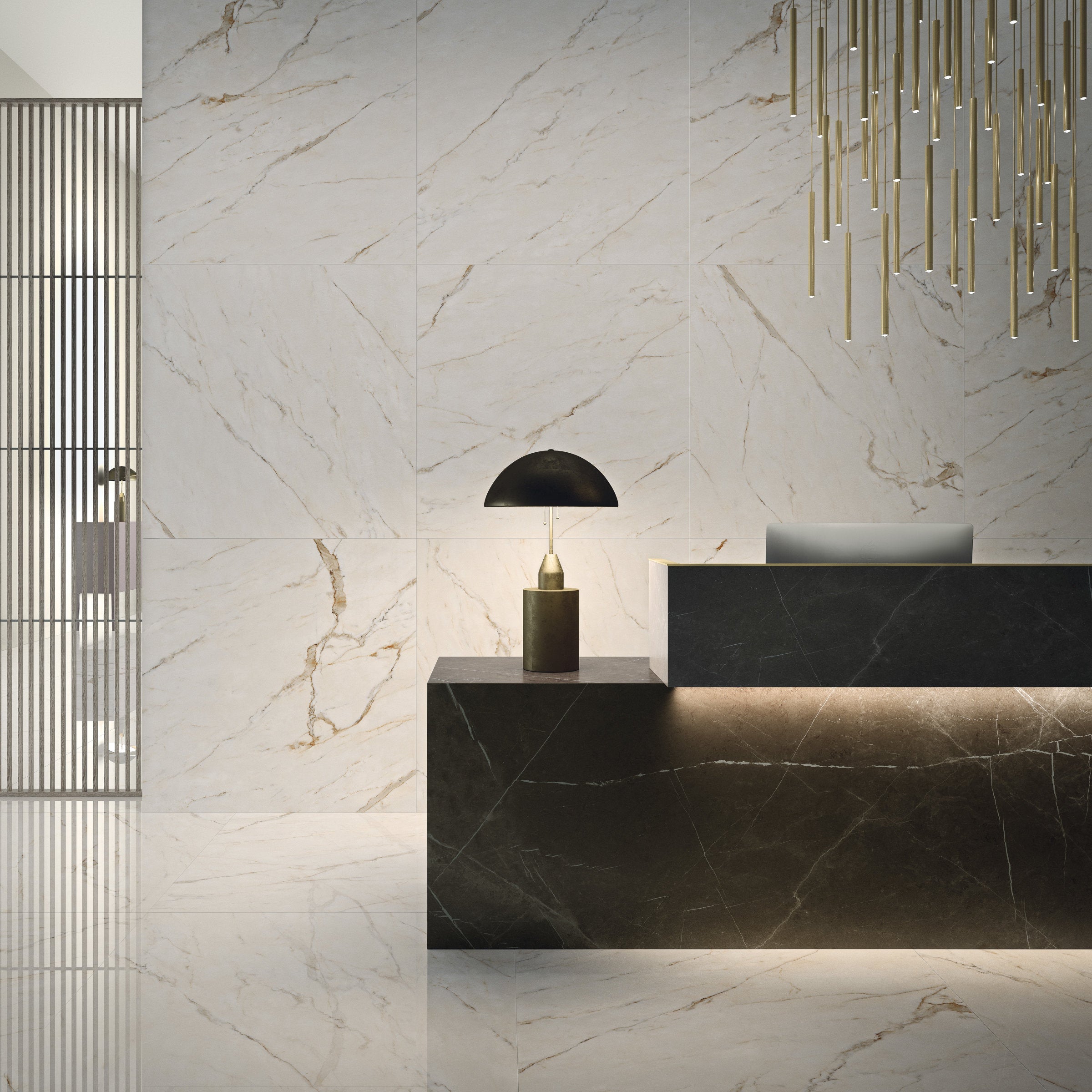 Bedrosians Magnifica Nineteen Forty-Eight 48" x 48" - 8mm Polished Porcelain Tile in Calacatta Oro | Item Code DOLMAGORO4848-8P