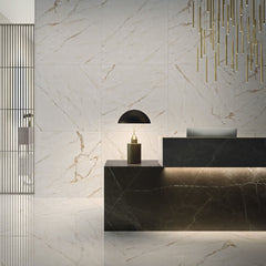 Bedrosians Magnifica Nineteen Forty-Eight 48" x 48" - 8mm Polished Porcelain Tile in Calacatta Oro | Item Code DOLMAGORO4848-8P