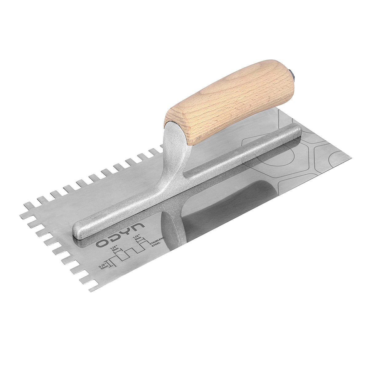 Bedrosians Odyn 11 in. x 1/4 in. x 3/8 in. Square-Notch Stainless Steel Trowel | Item Code ODYTROSSSQ1438WH