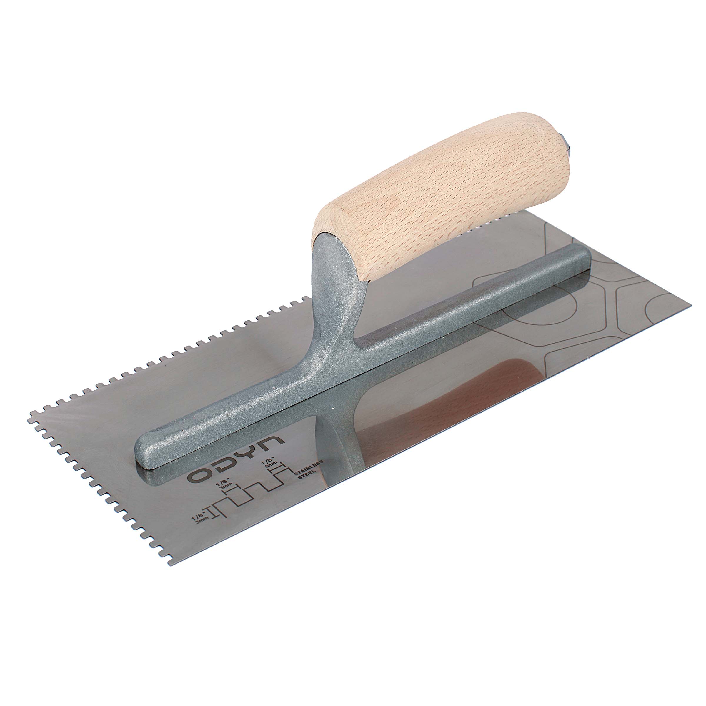 Bedrosians Odyn 11 in. x 1/8 in. x 1/8 in. Square-Notch Stainless Steel Trowel | Item Code ODYTROSSSQ18WH