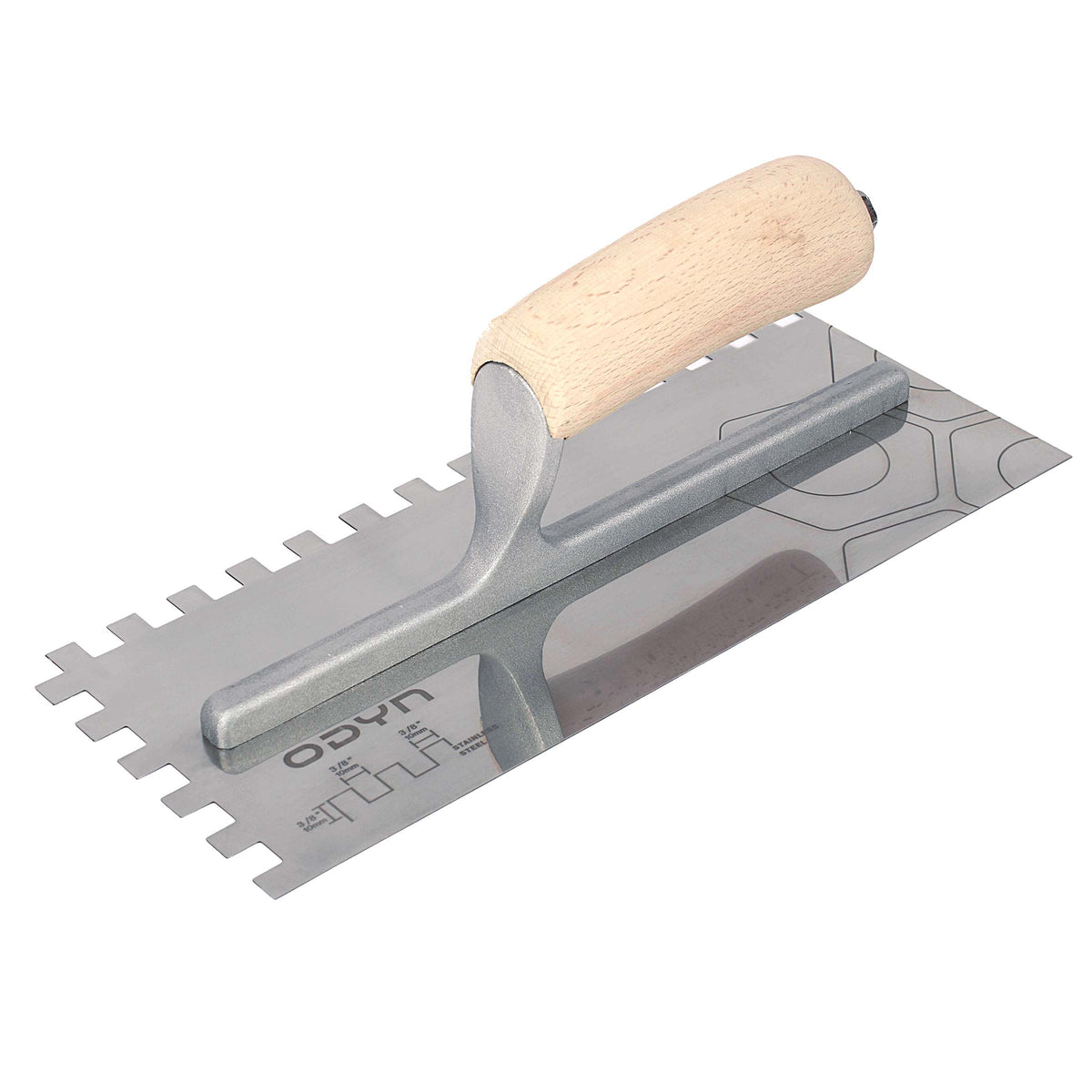 Bedrosians Odyn 11 in. x 3/8 in. x 3/8 in. Square-Notch Stainless Steel Trowel | Item Code ODYTROSSSQ38WH