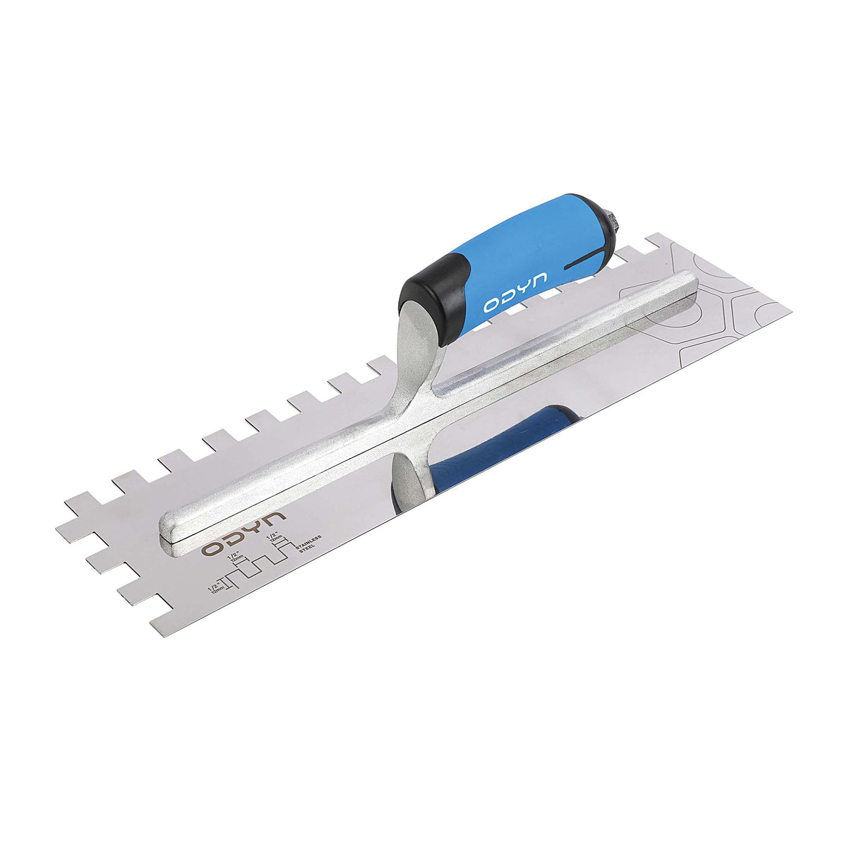 Bedrosians Odyn 16 in. 1/2 in. x 1/2 in. Square-Notch Trowel w/ Comfort Grip | Item Code ODYTROSSSQXL12SH