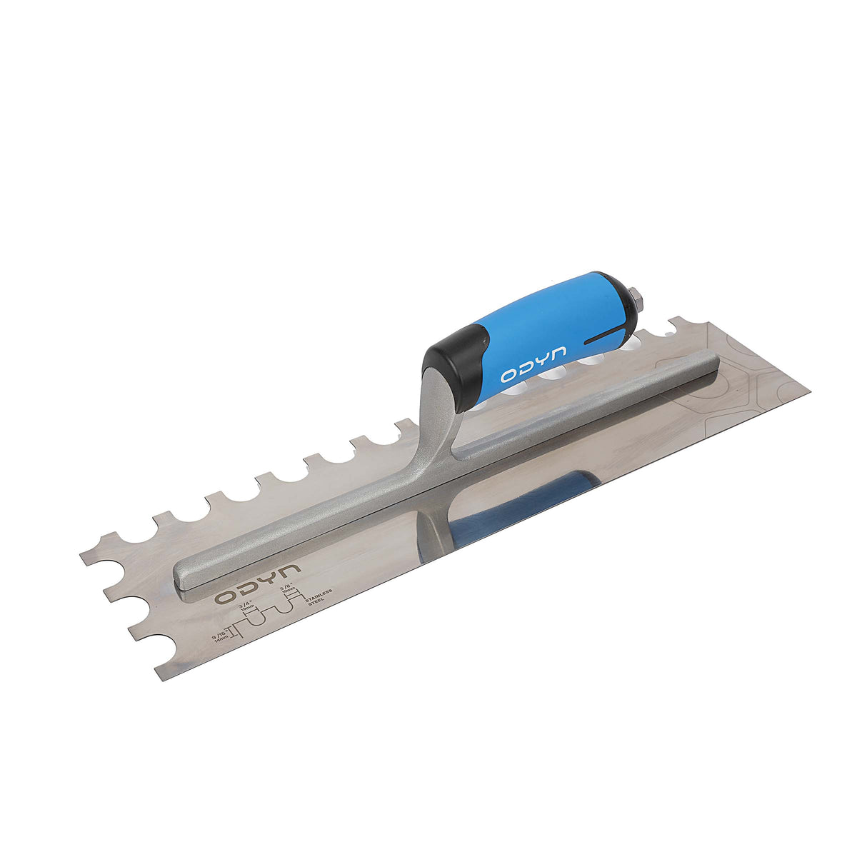 Bedrosians Odyn 16 in. x 3/8 in. x 3/4 in. x 9/16 in. U-Notch Stainless Trowel | Item Code ODYTROSSUXL34916SH
