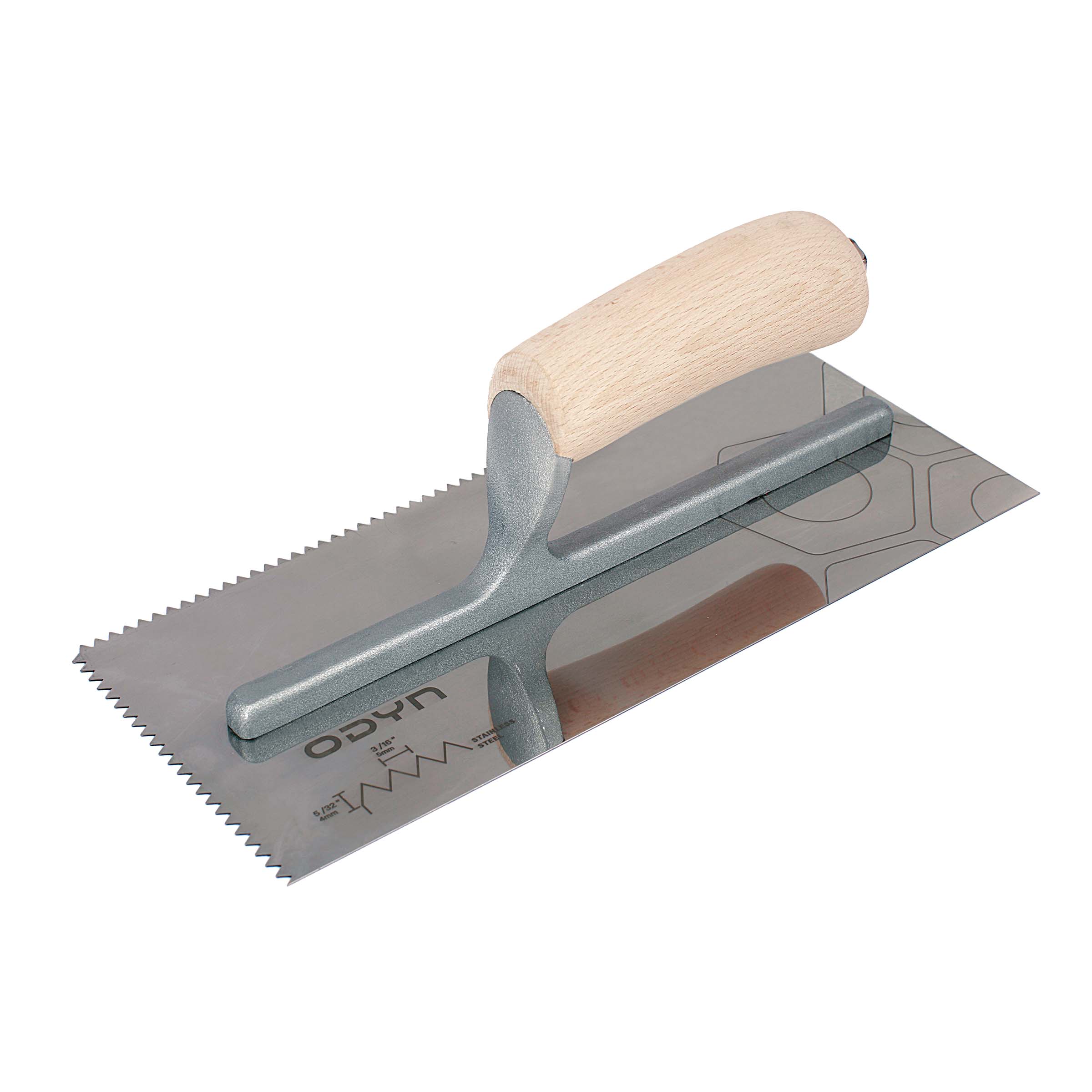 Bedrosians Odyn 11 in. x 3/16 in. x 5/32 in. V-Notch Stainless Steel Trowel | Item Code ODYTROSSV316WH