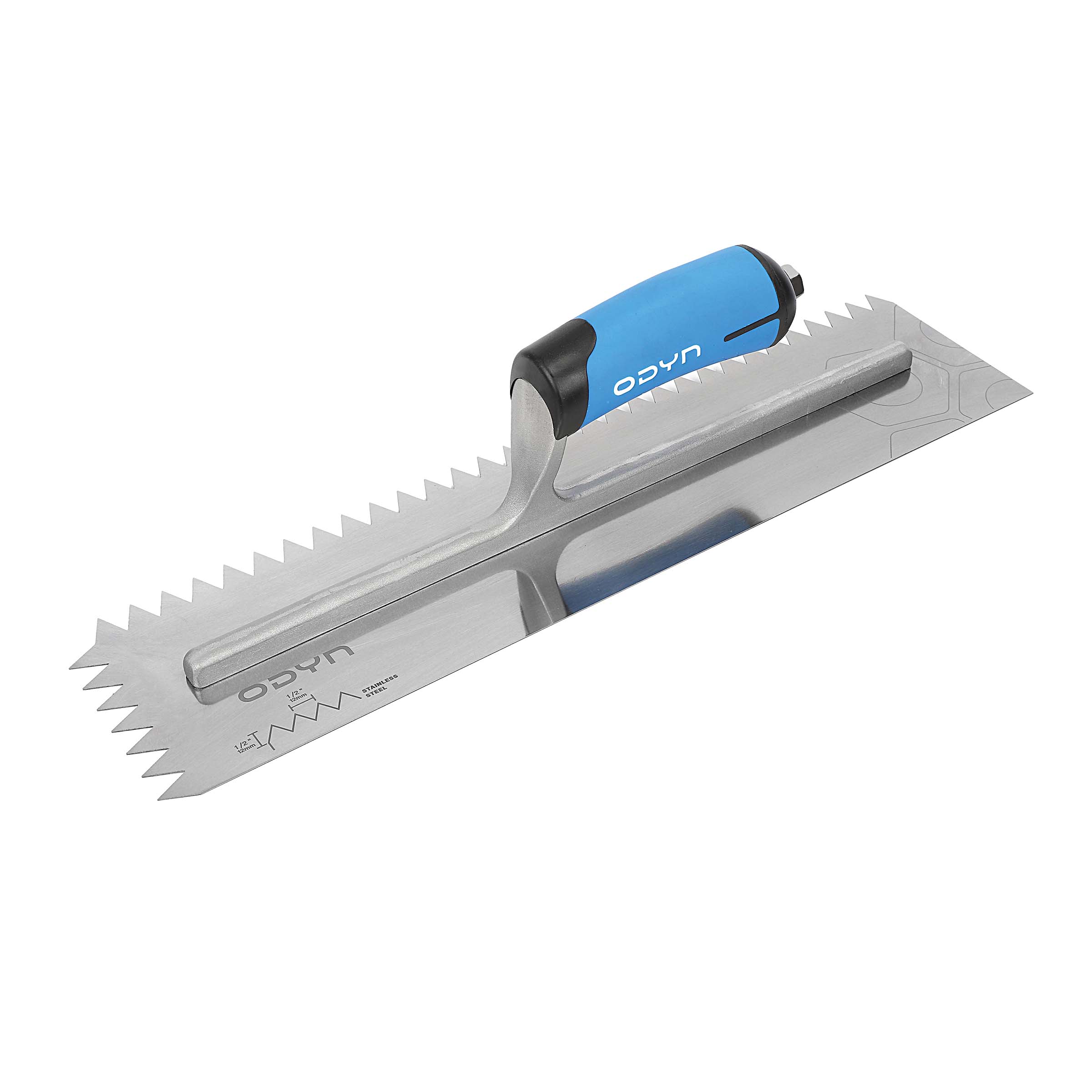 Bedrosians Odyn 16 in. x 1/2 in. x 1/2 in. V-Notch Stainless Steel Trowel | Item Code ODYTROSSVXL12SH