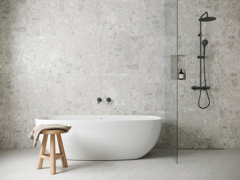 Celeste Honed Marble Blend Mosaic Tile in Cinder Grey & Calacatta Losanna