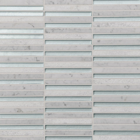 Kaikos 3/8" x 4" Stacked Glass and Stone Mosaic in Blue and White Carrara