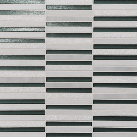 Kaikos 3/8" x 4" Stacked Glass and Stone Mosaic in Dark Green and Oriental White