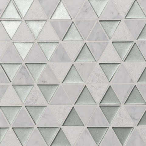 Kaikos 1.75" Triangle Glass and Stone Mosaic in Silver and White Carrara