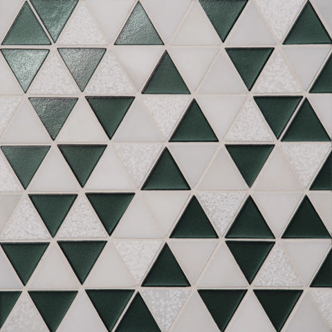 Kaikos 1.75" Triangle Glass and Stone Mosaic in Dark Green and Oriental White