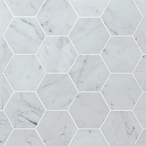 White Carrara 3" Hexagon Honed Marble Mosaic