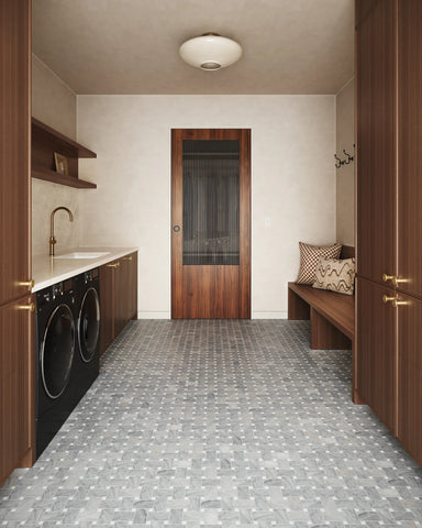 Jumbo Basketweave Honed Marble in Glorious Blue with Thassos Dot