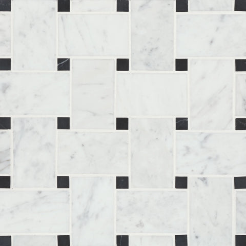 Jumbo Basketweave Honed Marble in White Carrara with Absolute Black Dot