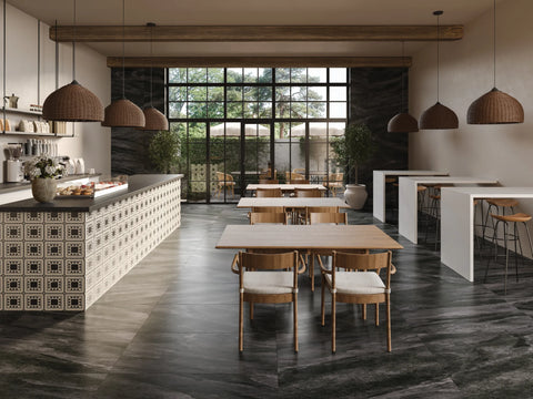 Atrium Honed Marble Blend Mosaic Tile in Nero Marquina, Bardiglio & Myra Beige